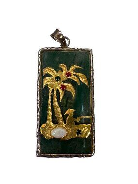 Vintage Asian Jade Pendant Gold Palm Tree & Fisherman Opal Ruby Emerald 1.75"